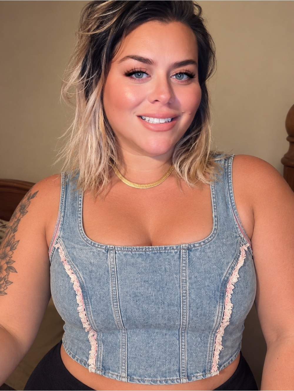 Lee Denim Corset Crop Top in Light Blue with Pink Trim